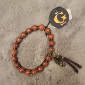 Red Dotted Bead Bracelet with Fringe and Metal Feather G MAN